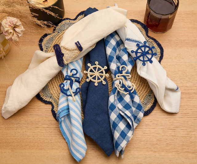 Nautical Anchor Napkin Rings – Coastal Table Decor, Handmade Raffia Napkin Holders, Set of 4 Blue and White Anchor Rings, Ocean Party Decor