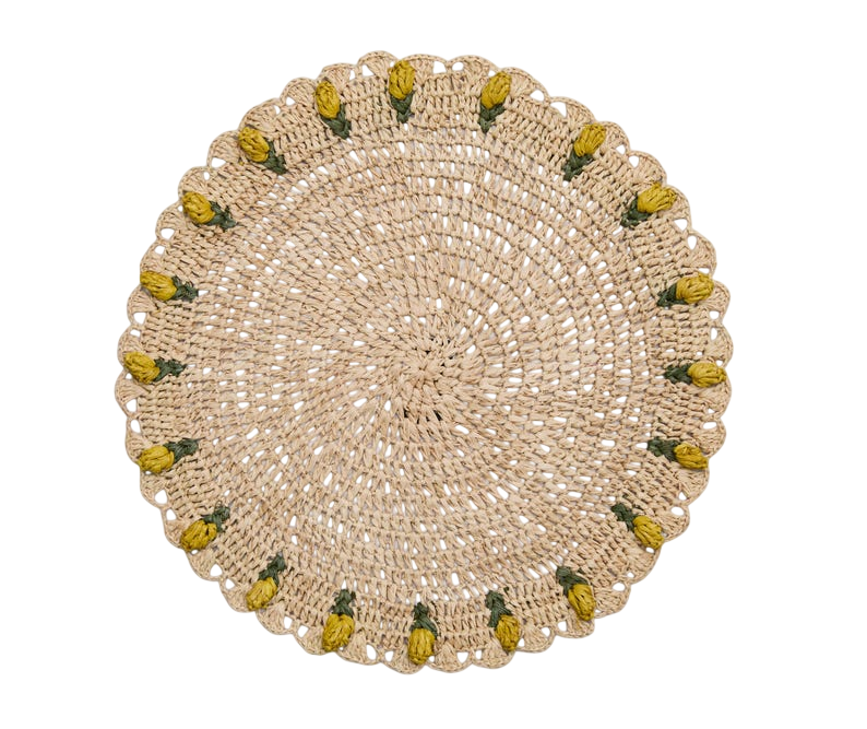 Handmade Tulip Placemat – Raffia Crochet Floral Table Mat – Spring & Easter Table Decor – Artisan Tableware – Boho Dining Accent