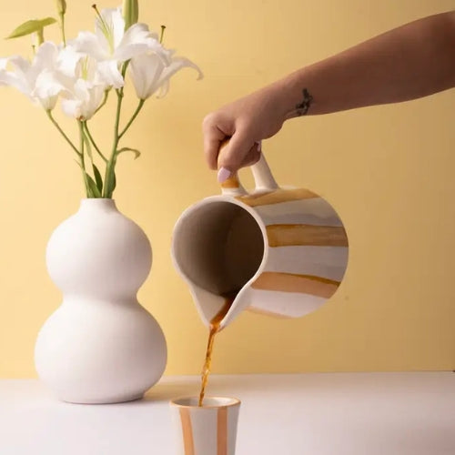 Handpainted Stoneware Stripe Pitcher - Yellow