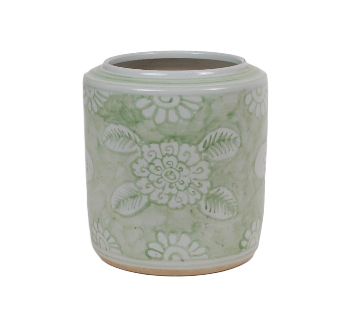 10″ Washed Green and White Floral Cachepot