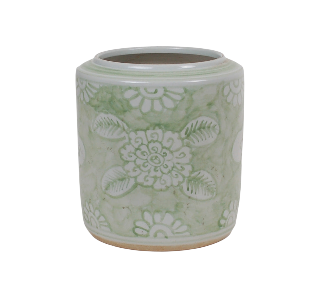 10″ Washed Green and White Floral Cachepot