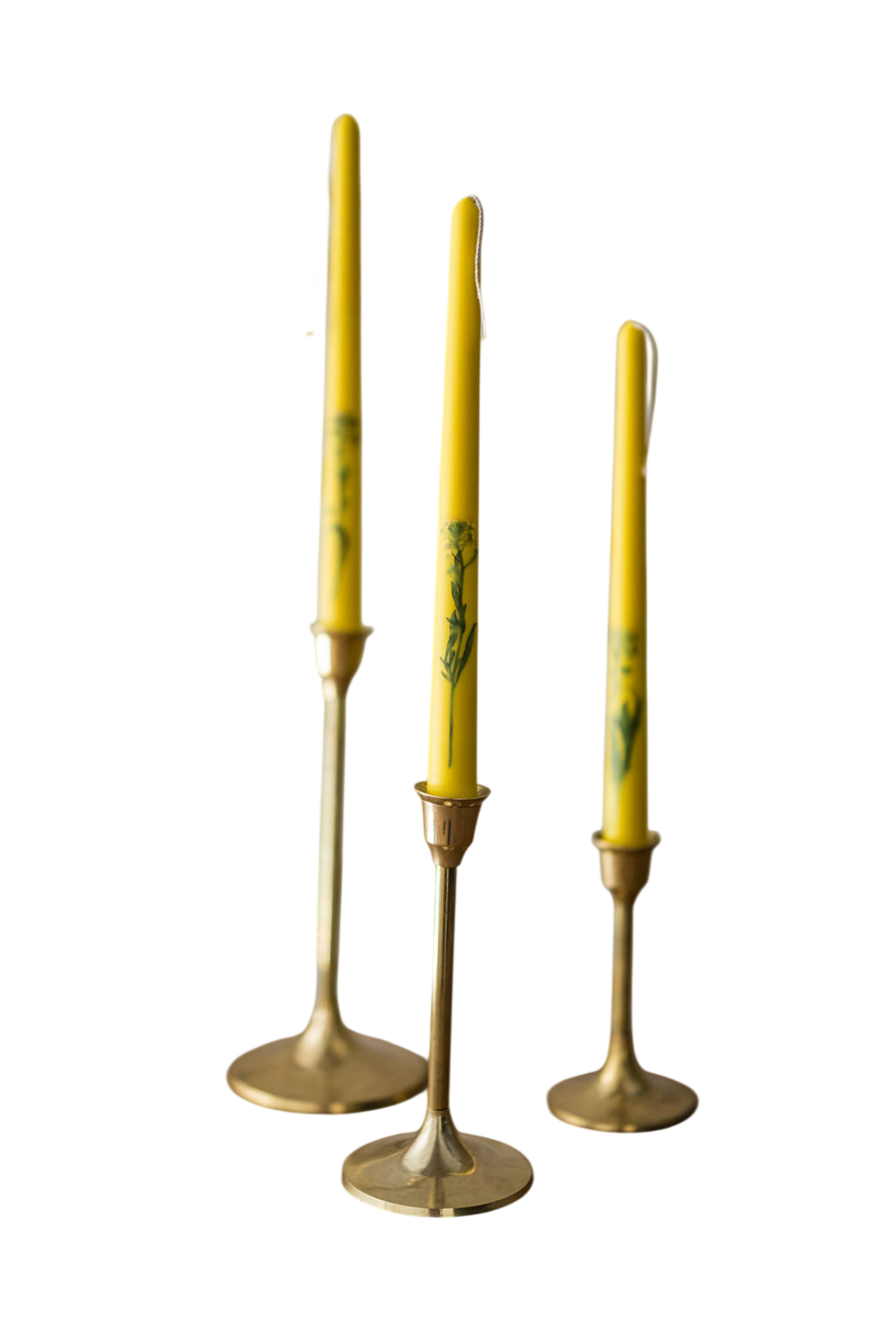 Floral Inlaid Tapered Candles in Yellow- Set of 3