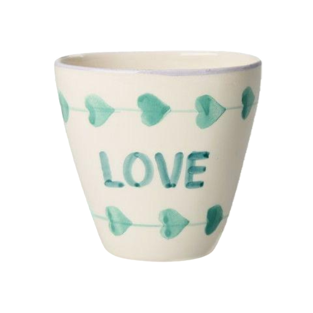 Ceramic Oval Cup with Hand-painted Green LOVE - 10.14 oz