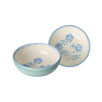 Ceramic Bowl with Hand-painted Blue Flowers - Green - 10.14 oz