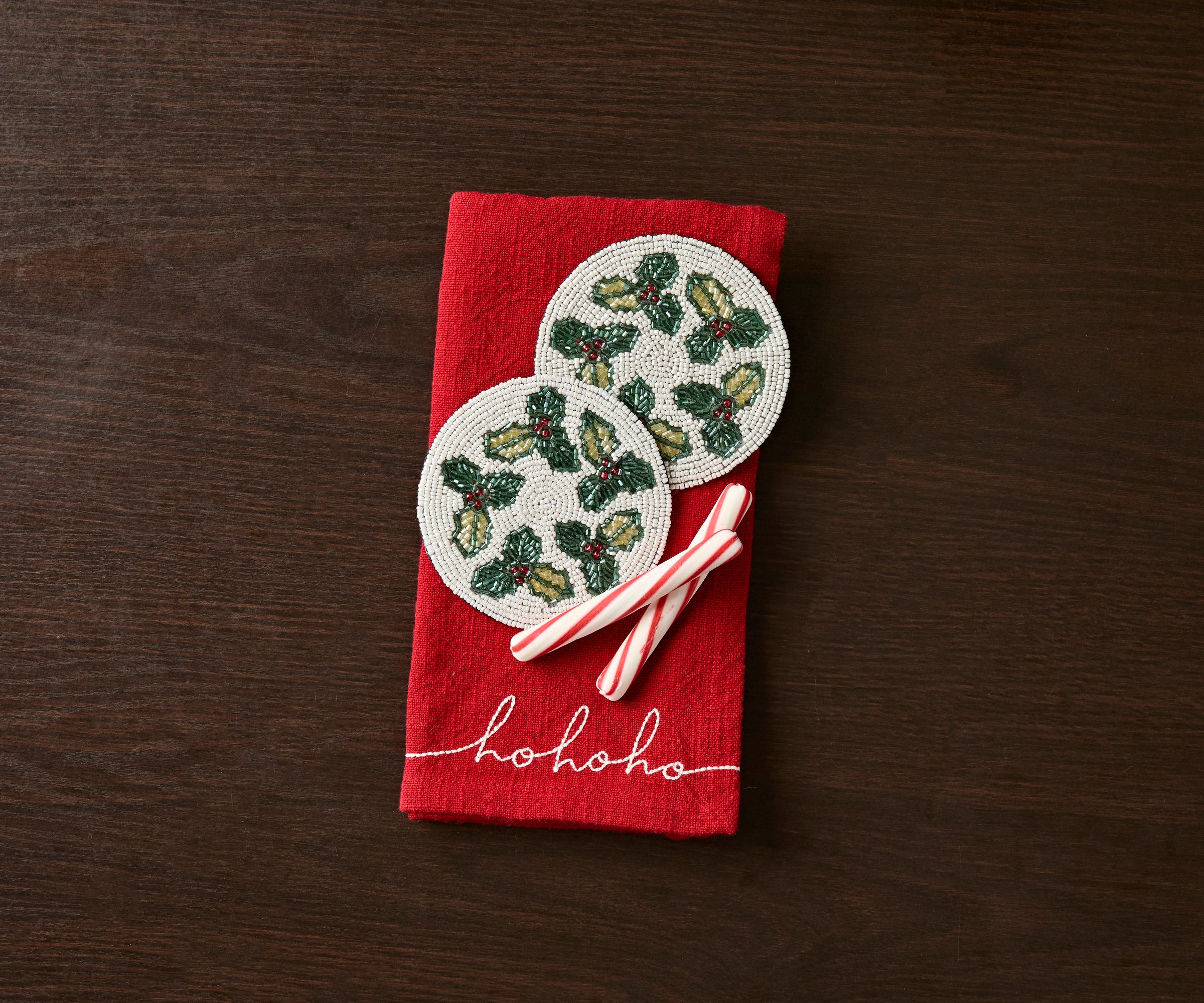 Hand-sewn Embroidery Seed Beaded Coasters | Red Berry Foliage Christmas Design | Payton James Holiday Table Decor
