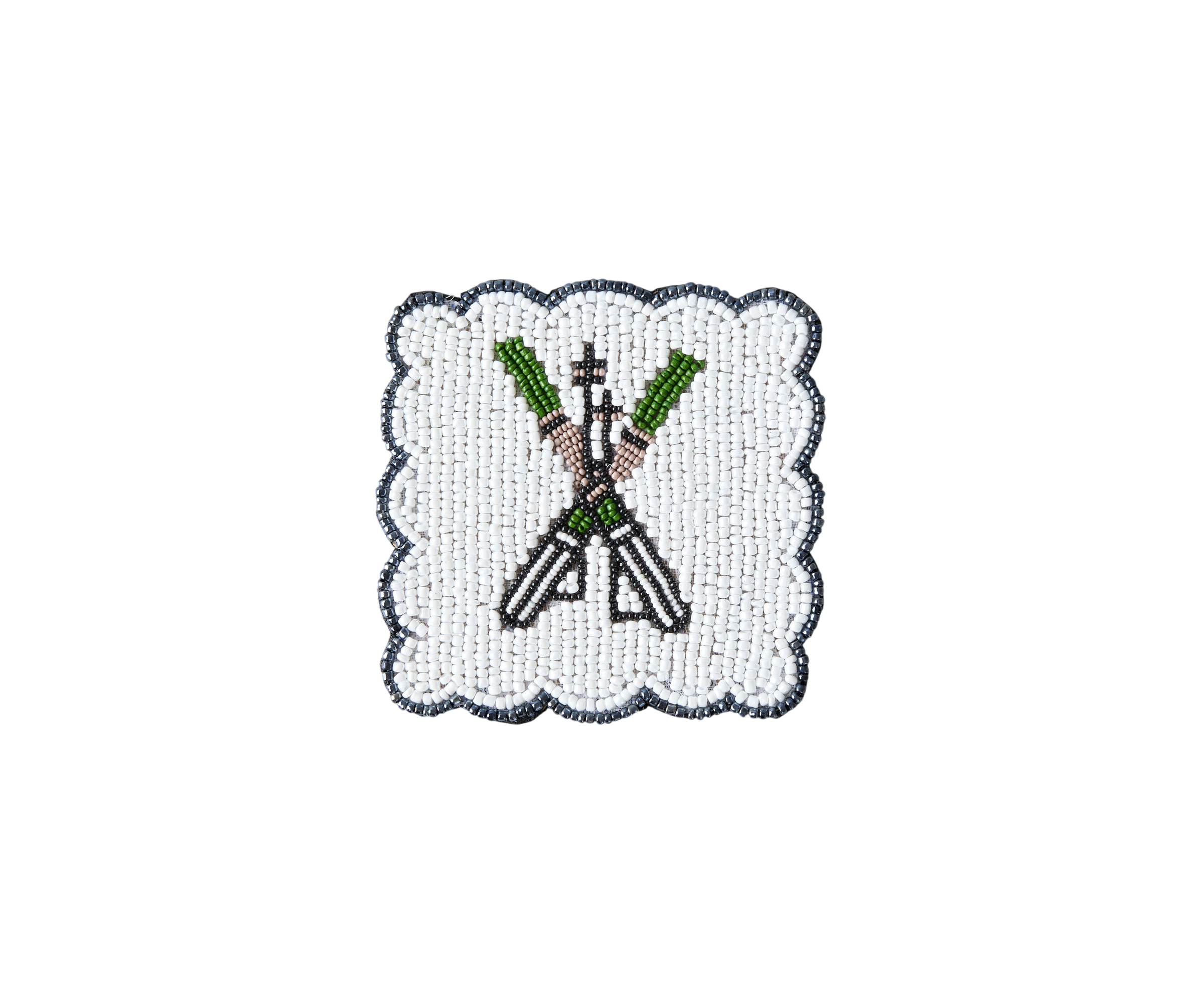 Handmade Beaded Ski Coaster with Pearls – Elegant Black, White, and Green Coaster for Tableware & Home Decor