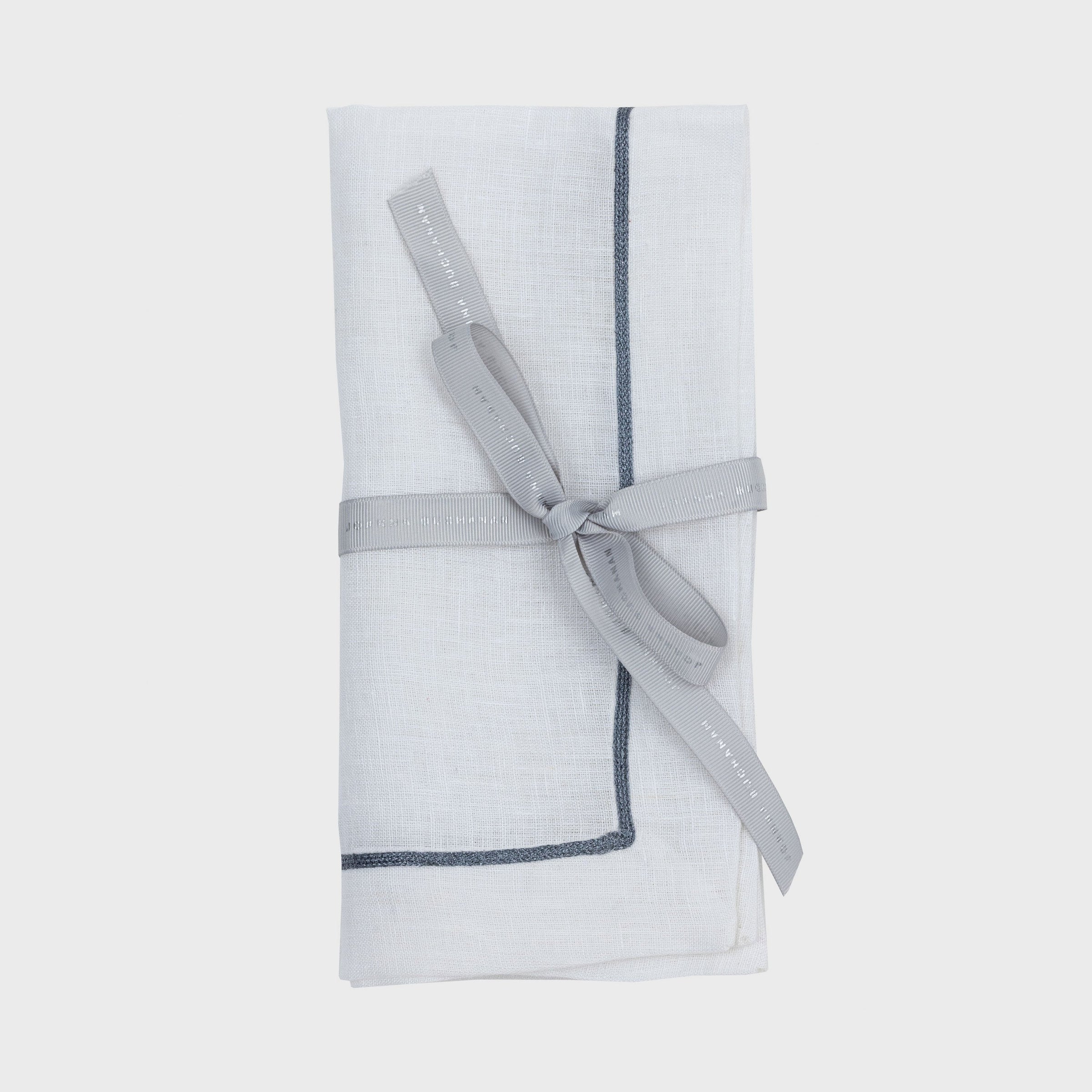 Gunmetal Trim Linen Dinner Napkins - White (Set of 2)