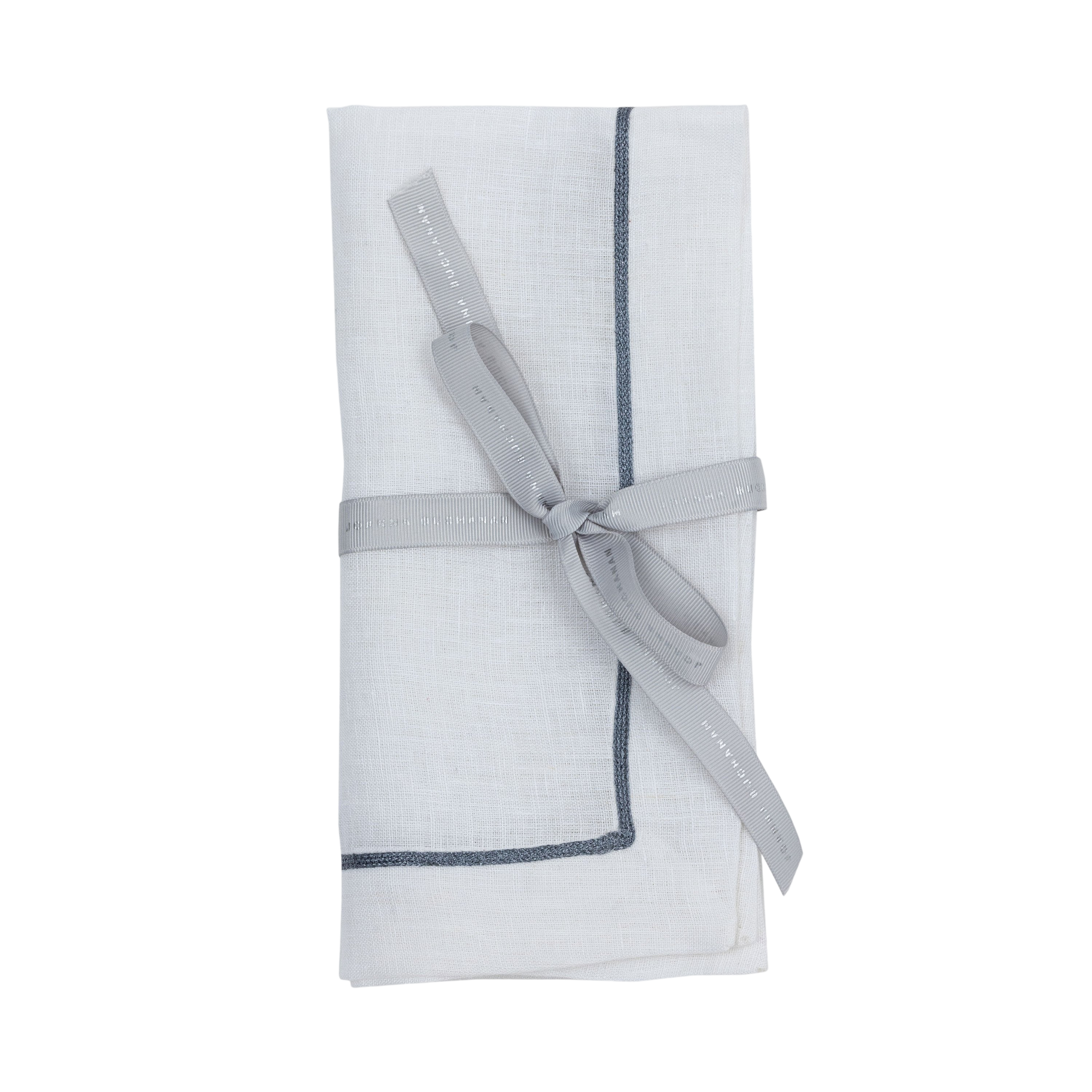 Gunmetal Trim Linen Dinner Napkins - White (Set of 2)
