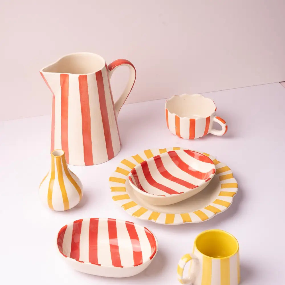 Handpainted Stoneware Stripe Pitcher - Red