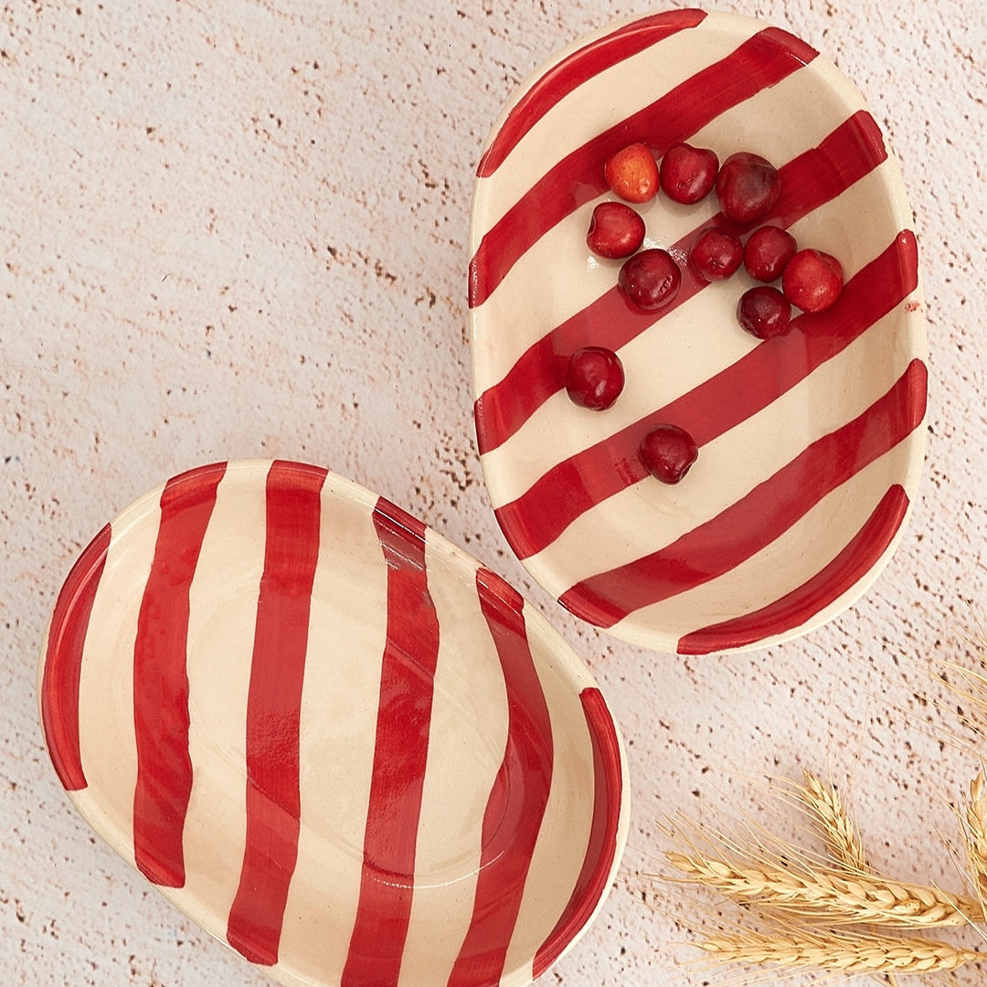 Ceramic Stripe Bowl - Red (Set of 2)