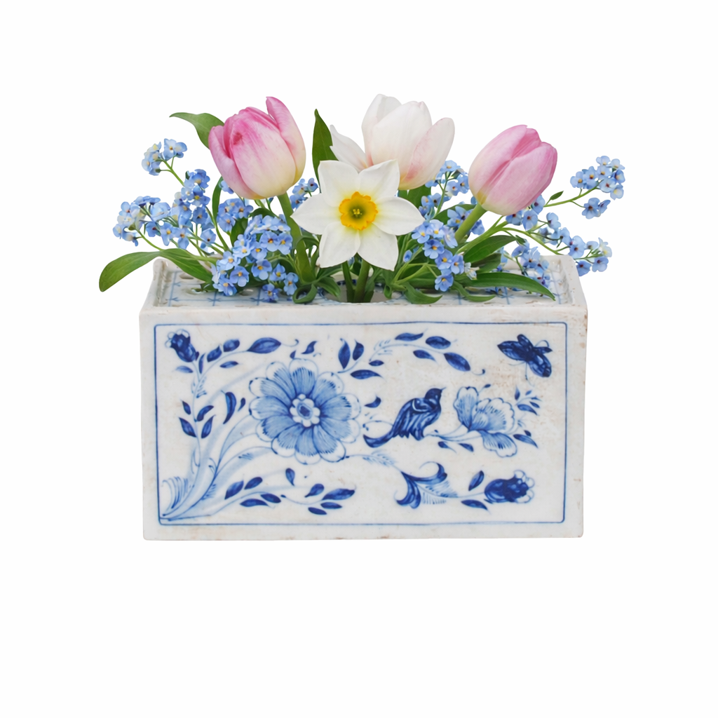 4″ Blue and White Flower Brick Planter