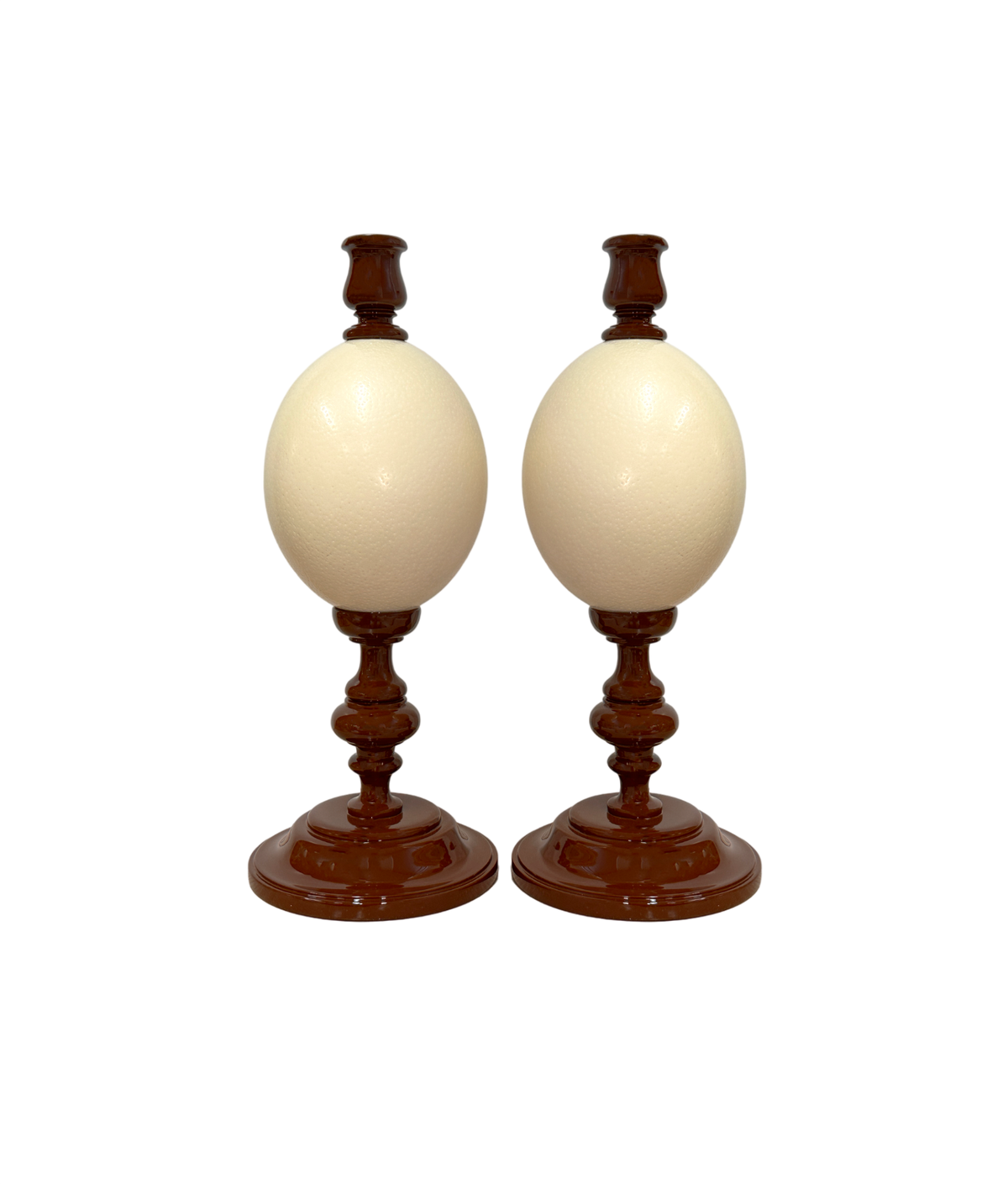 Noto Lacquered Ostrich Egg Candle Holder Set, Marrone