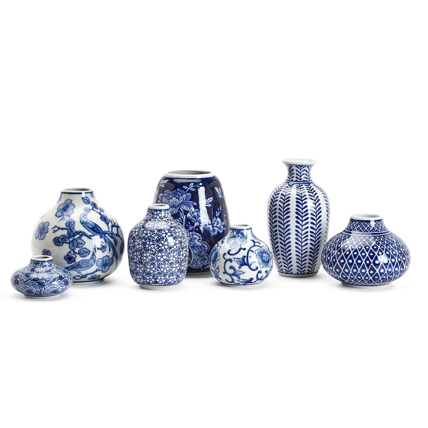 Blue and White Hand-Painted Stoneware Vases (Set of 7)