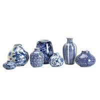 Blue and White Hand-Painted Stoneware Vases (Set of 7)