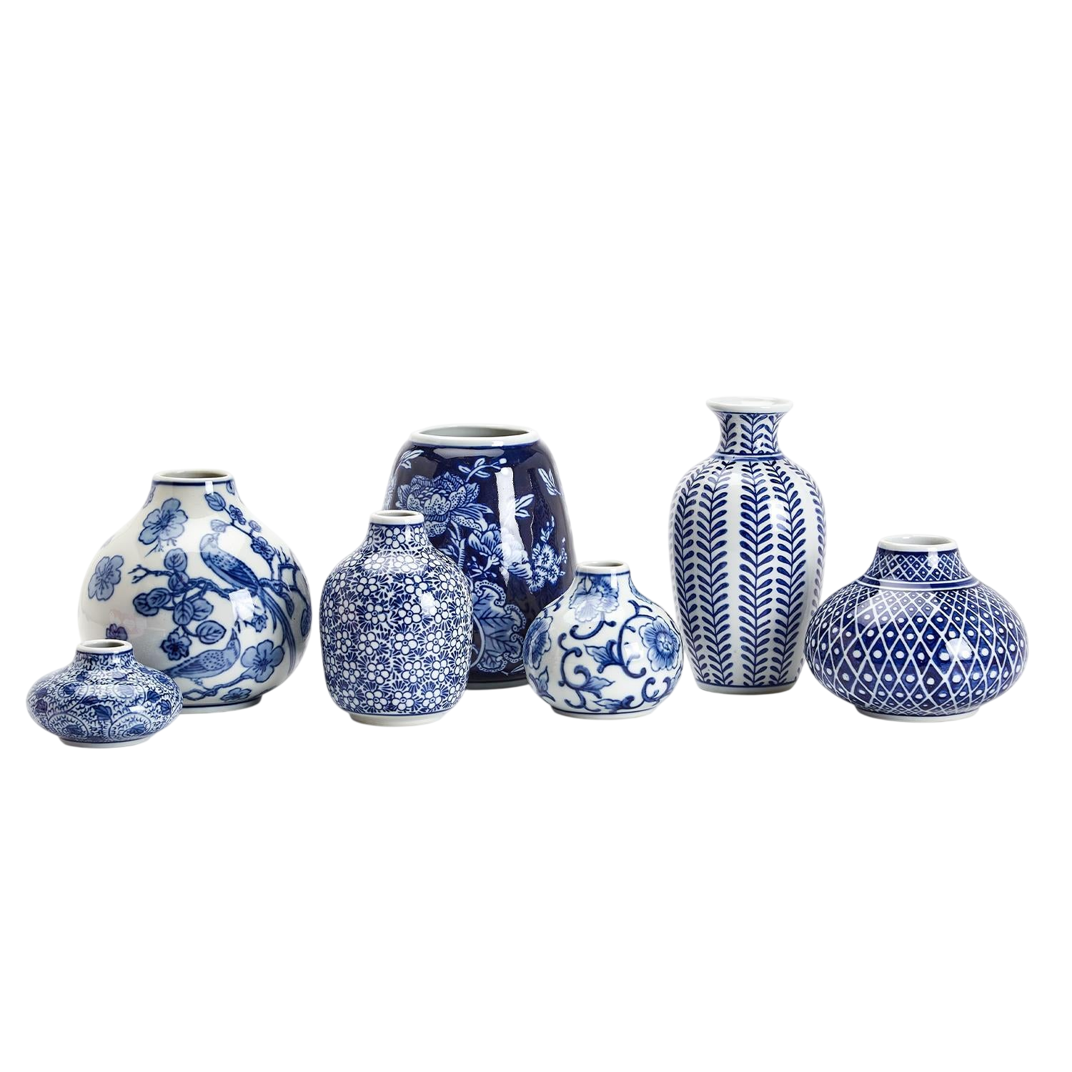 Blue and White Hand-Painted Stoneware Vases (Set of 7)
