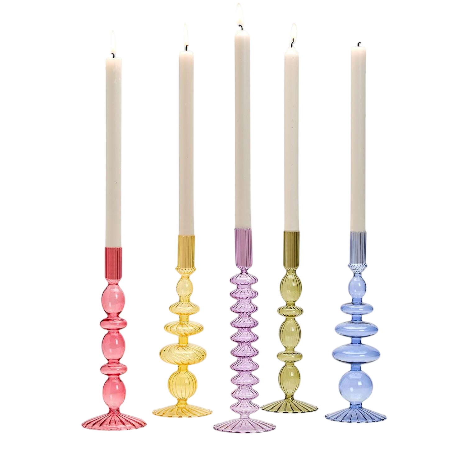 Hand-Blown Glass Taper Candlestick Candleholders (Set of 5)