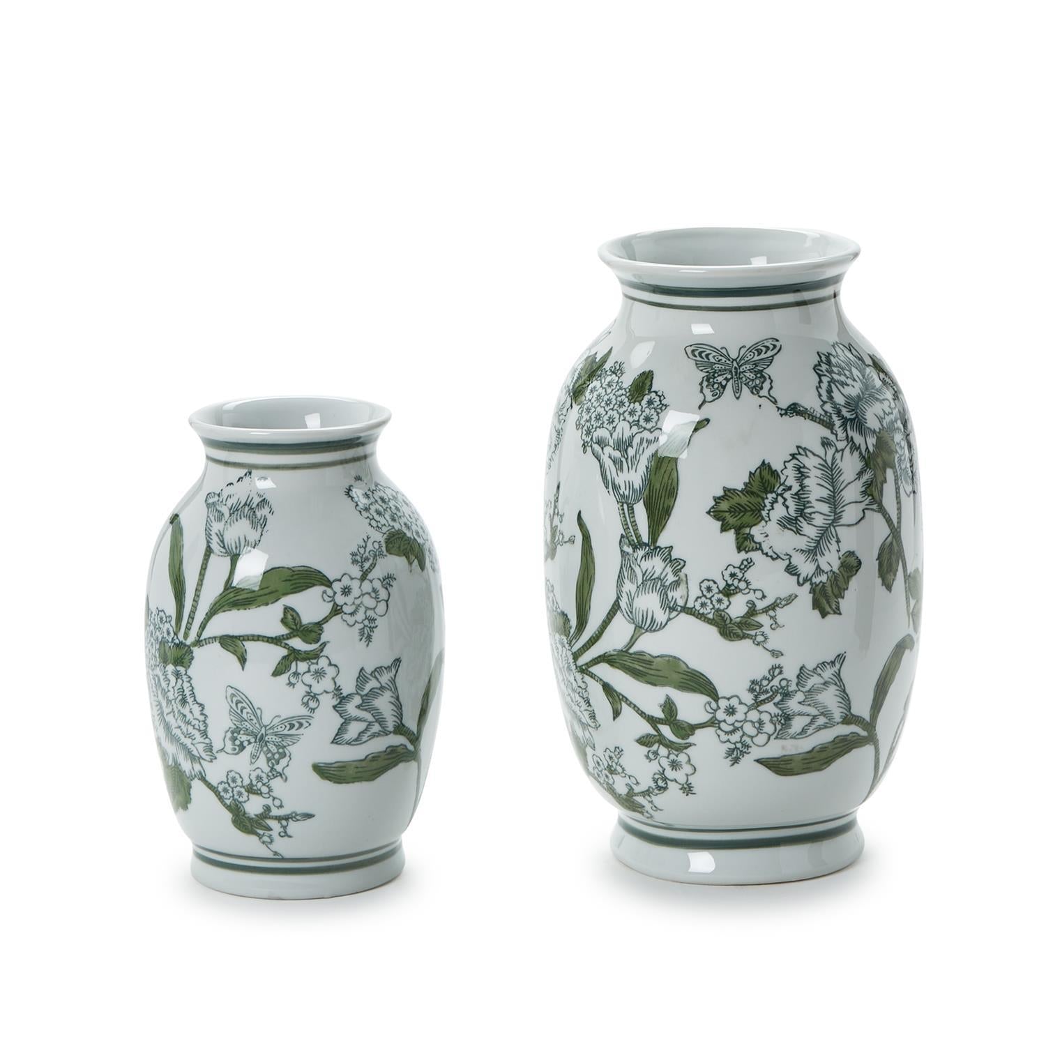 Primrose and Lotus Green and White Chinoiserie Vases