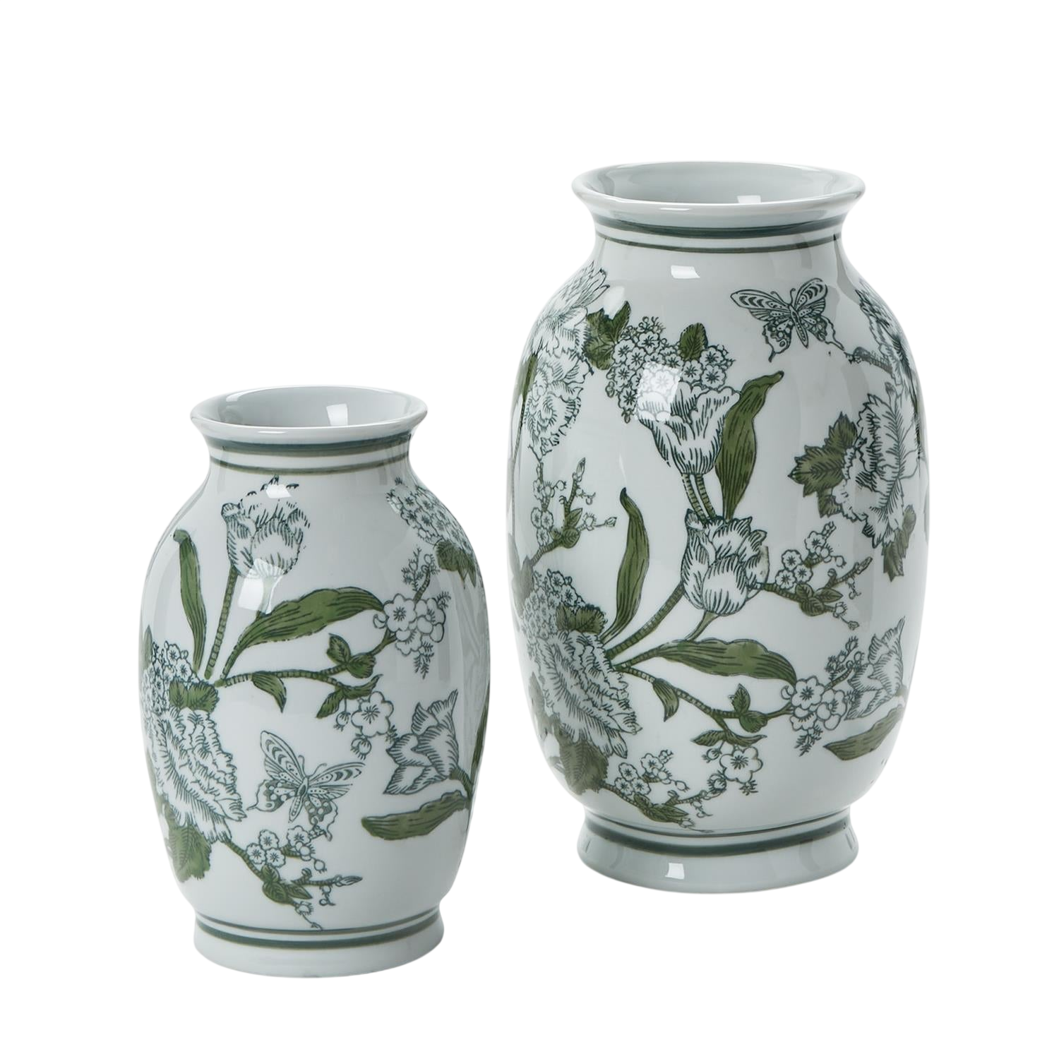 Primrose and Lotus Green and White Chinoiserie Vases