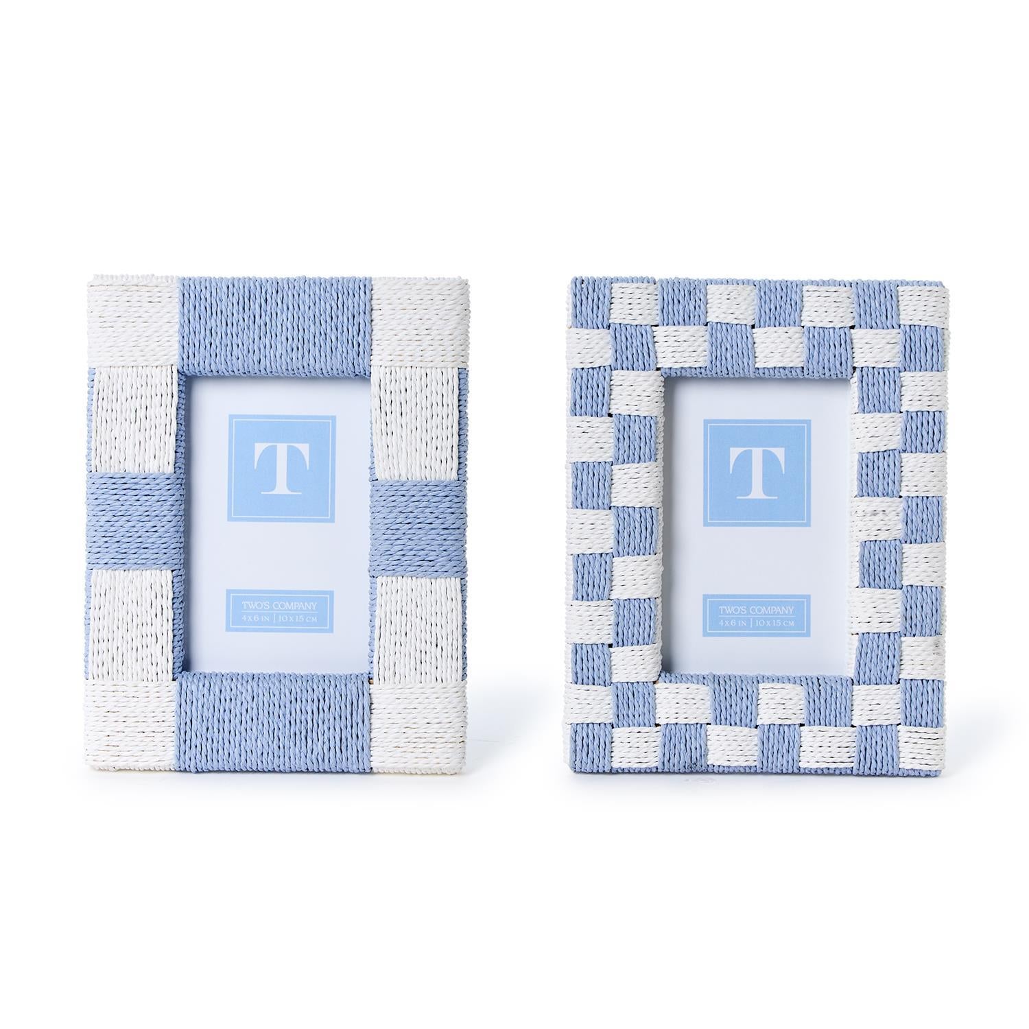 Hand-Woven Checkered Blue and White Pattern Photo Frames (Set of 2)