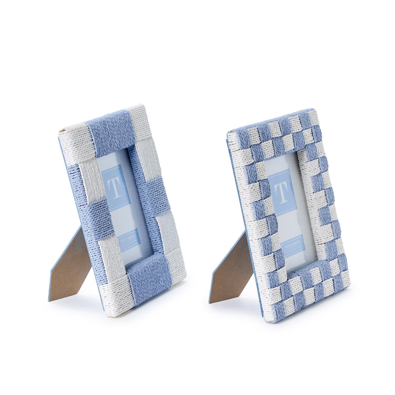 Hand-Woven Checkered Blue and White Pattern Photo Frames (Set of 2)