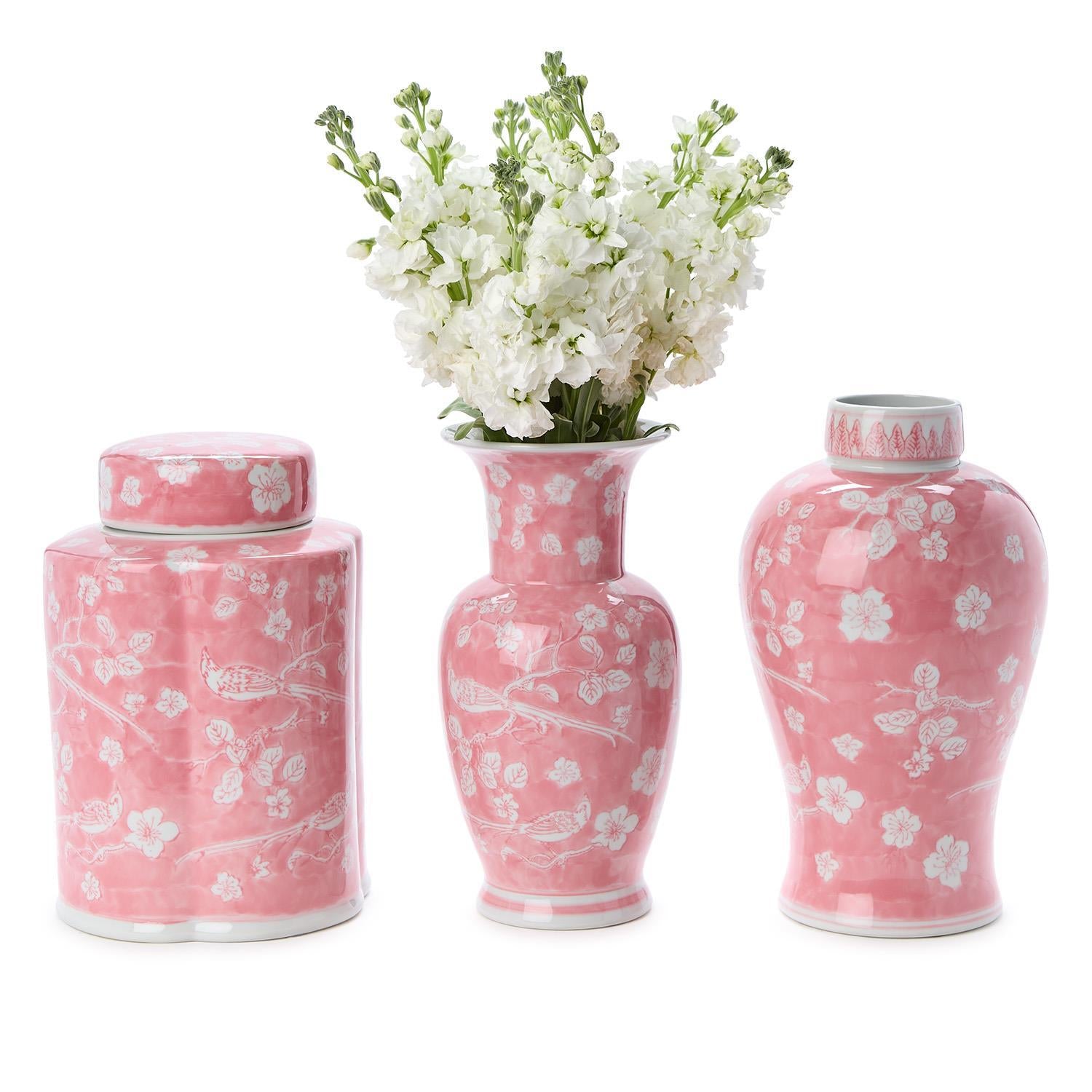Hand-Painted Pink Chinoiserie Vases (Set of 3)
