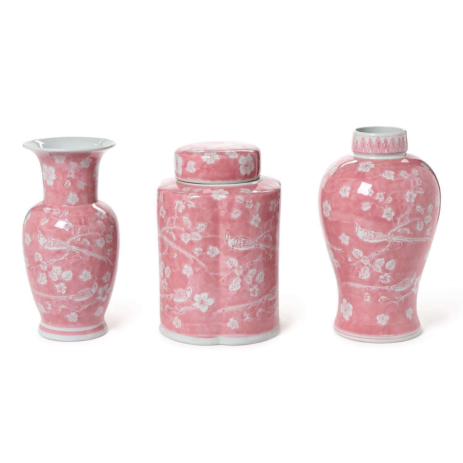 Hand-Painted Pink Chinoiserie Vases (Set of 3)