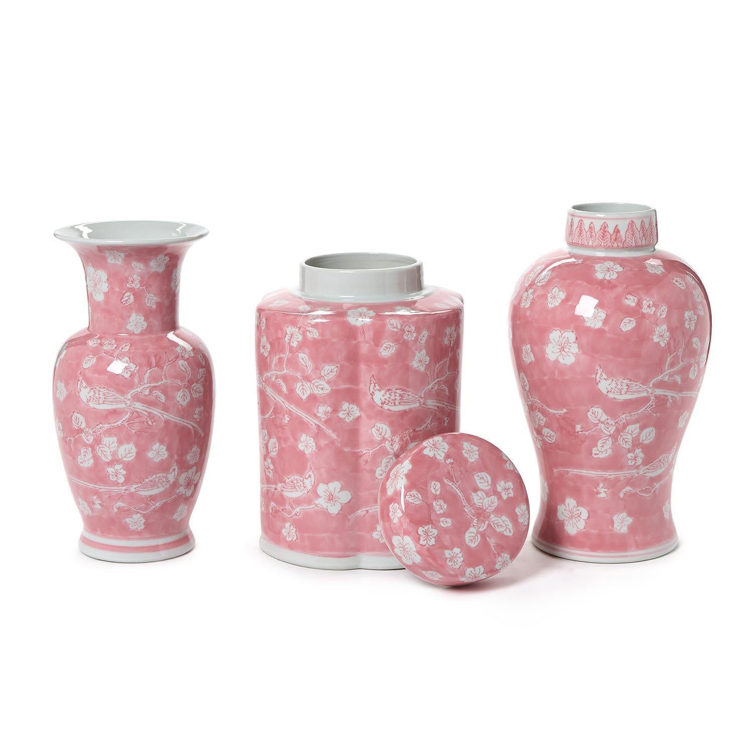 Hand-Painted Pink Chinoiserie Vases (Set of 3)