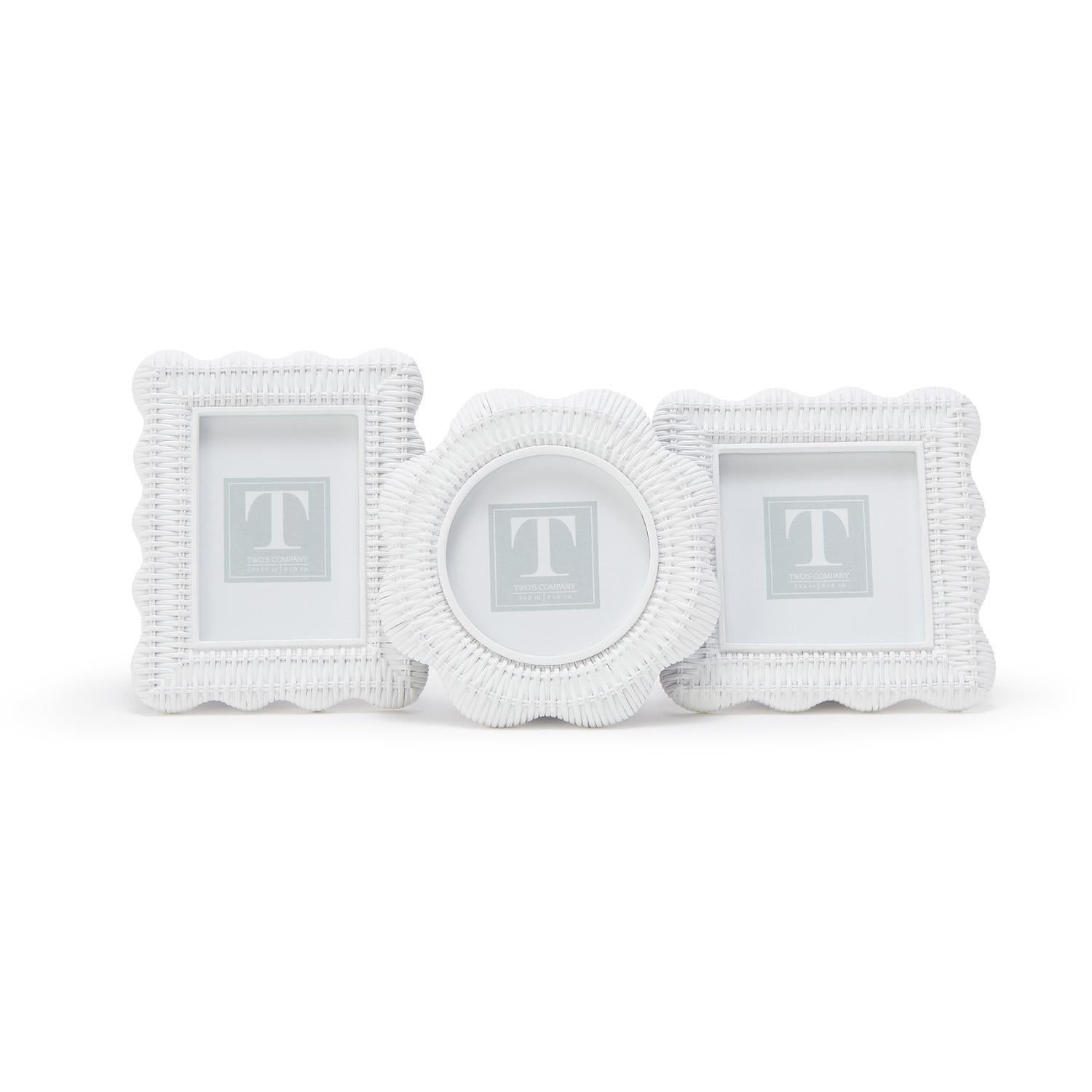 Scalloped White Rattan Weave Photo Frames (Set of 3)