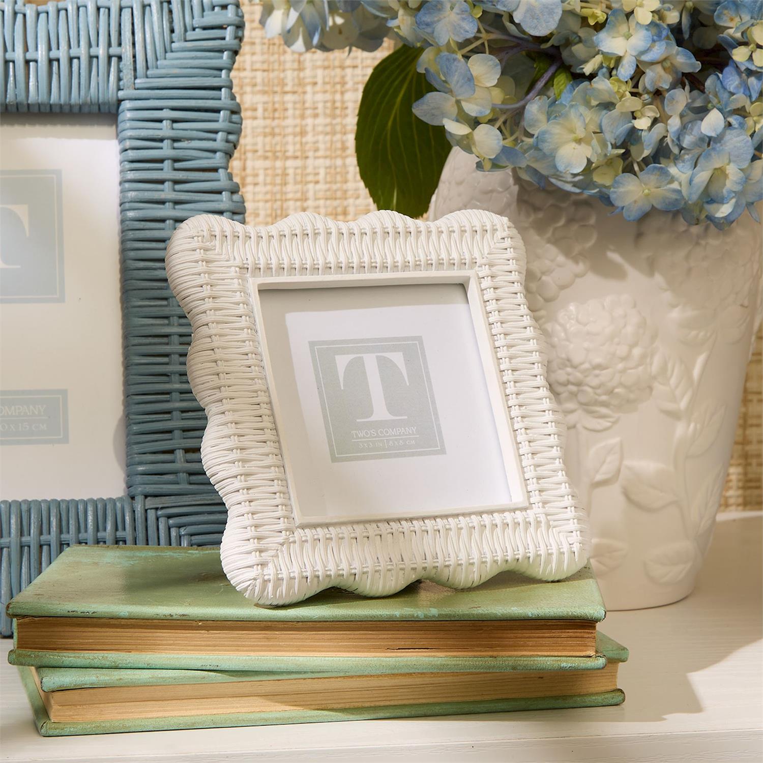 Scalloped White Rattan Weave Photo Frames (Set of 3)