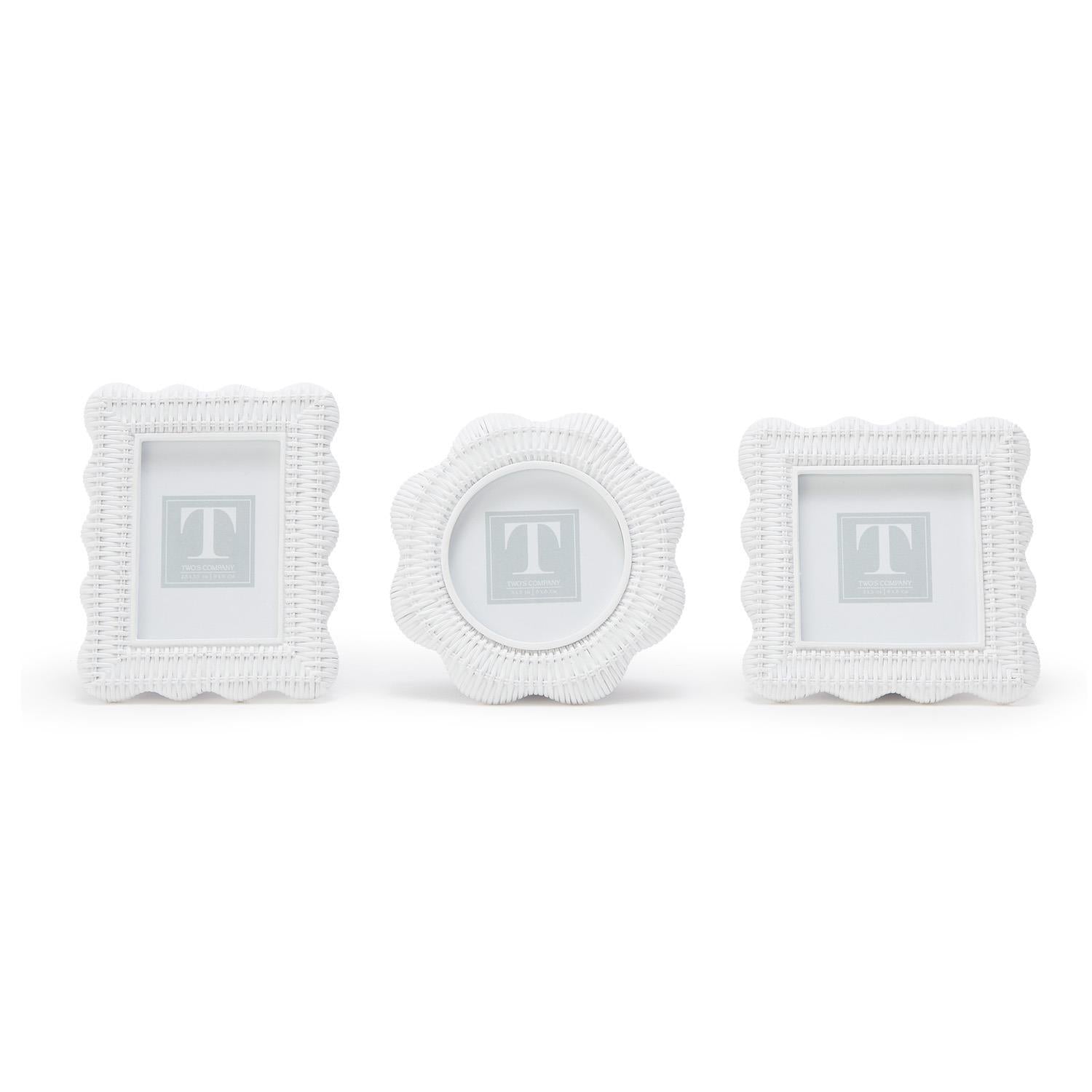Scalloped White Rattan Weave Photo Frames (Set of 3)