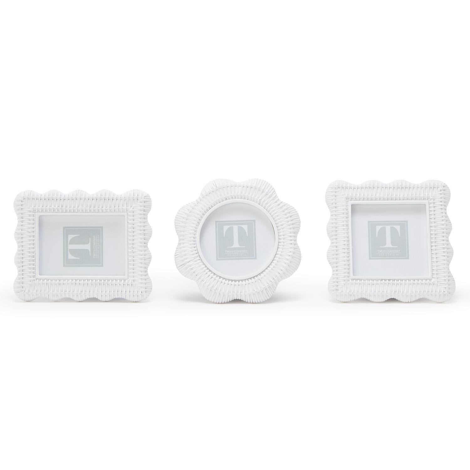 Scalloped White Rattan Weave Photo Frames (Set of 3)