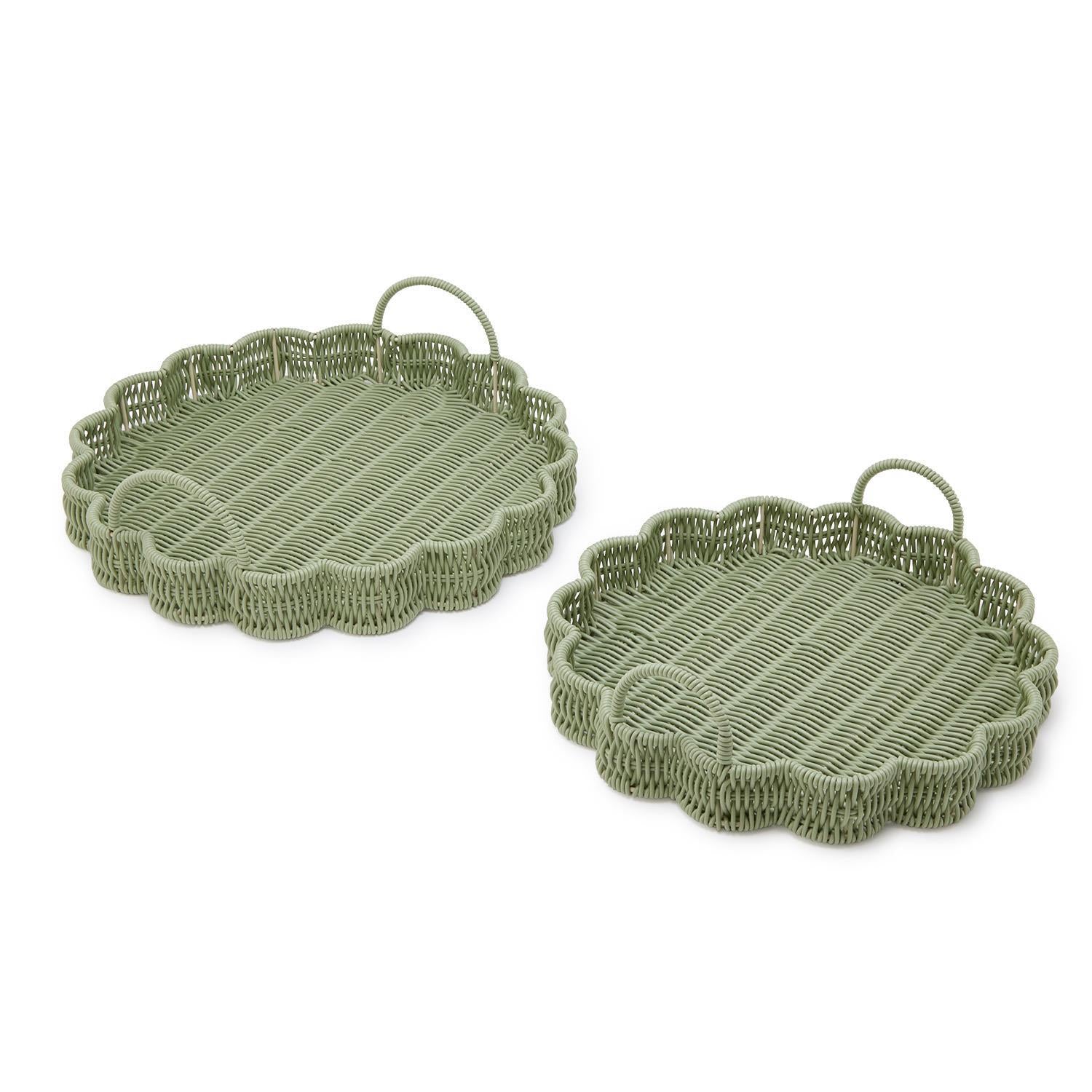 All Weather Wicker Scalloped Edge Round Serving Tray with Handles (Set of 2)