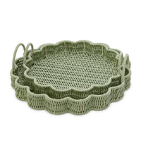 All Weather Wicker Scalloped Edge Round Serving Tray with Handles (Set of 2)
