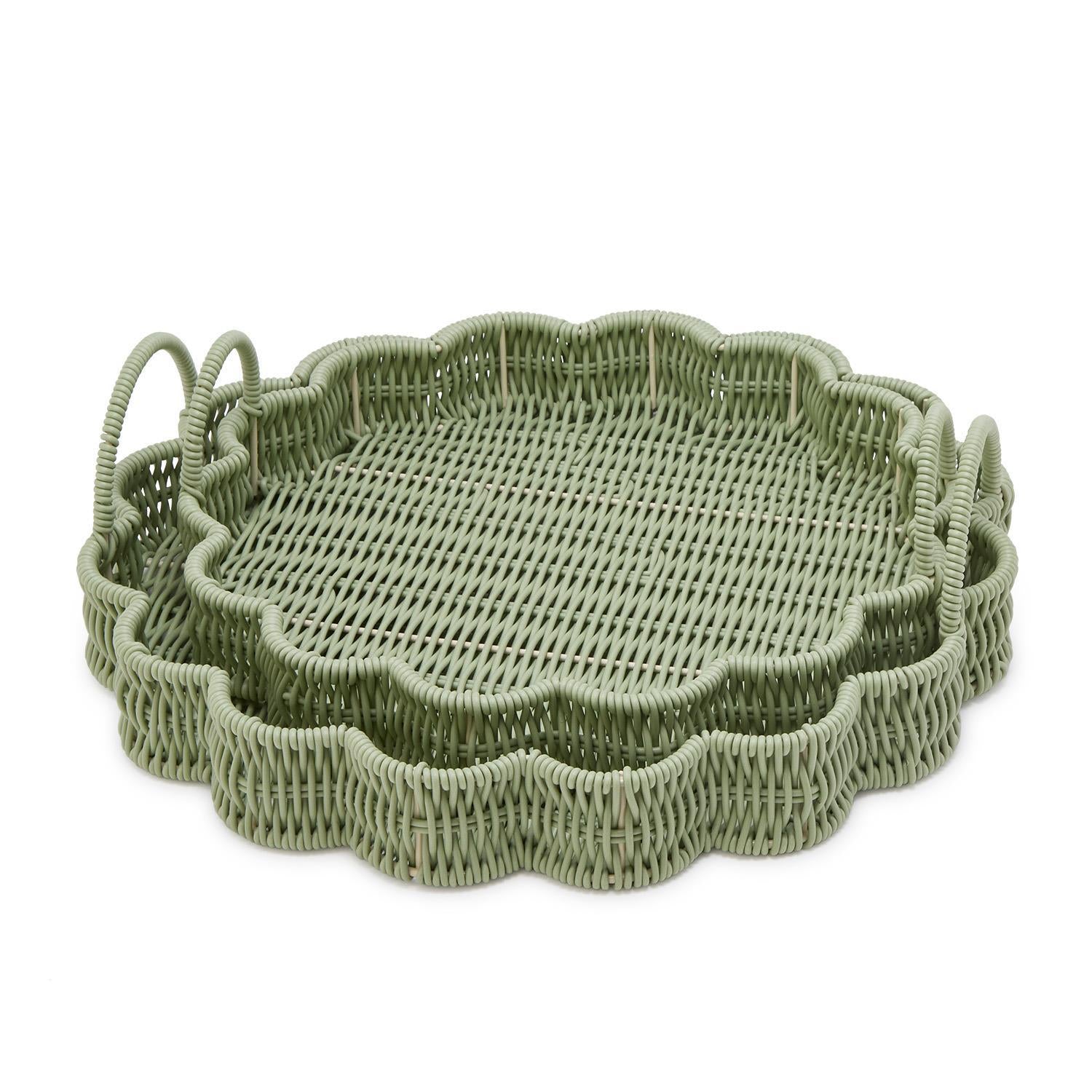 All Weather Wicker Scalloped Edge Round Serving Tray with Handles (Set of 2)