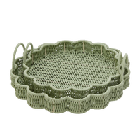 All Weather Wicker Scalloped Edge Round Serving Tray with Handles (Set of 2)