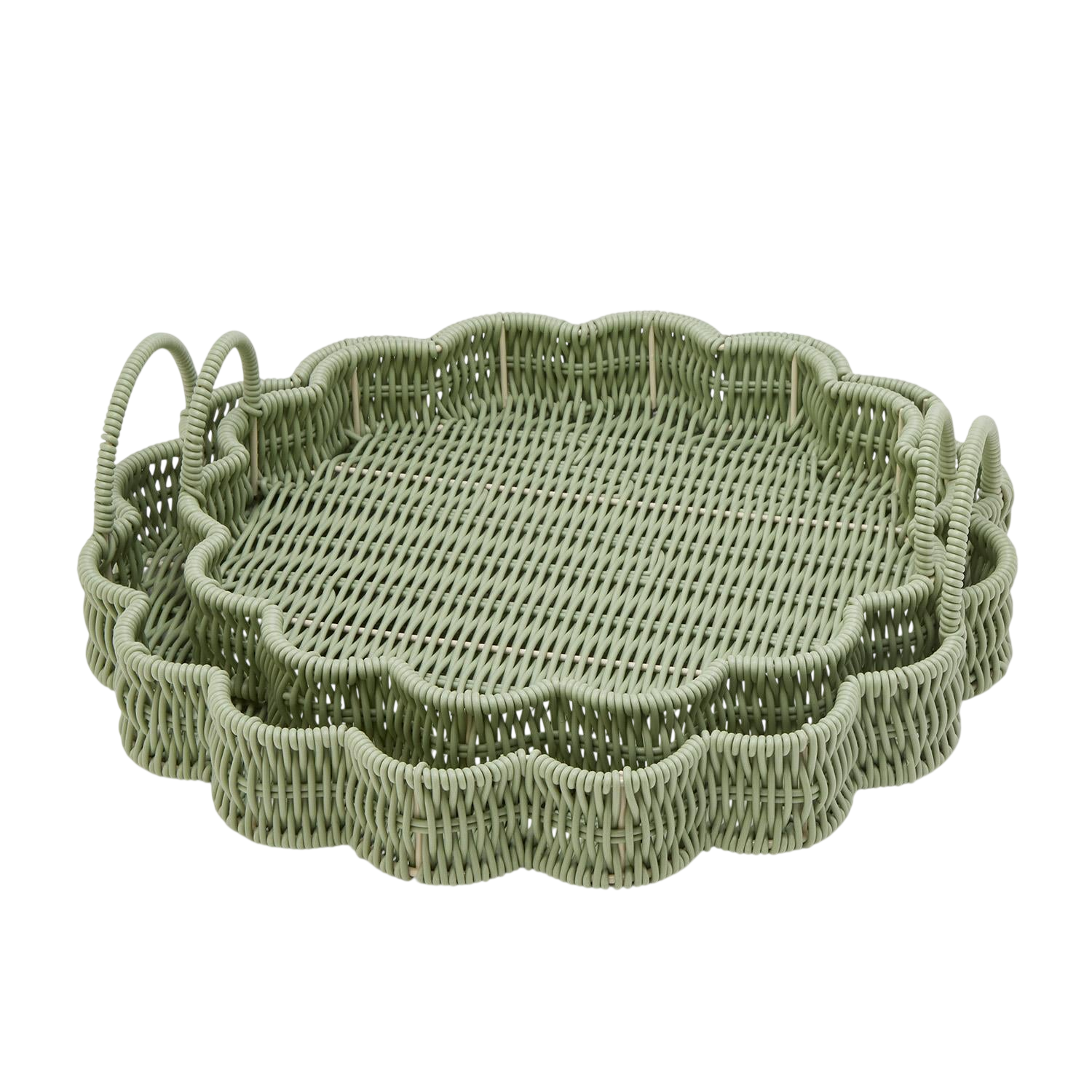 All Weather Wicker Scalloped Edge Round Serving Tray with Handles (Set of 2)
