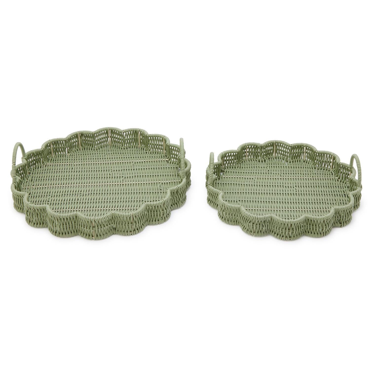 All Weather Wicker Scalloped Edge Round Serving Tray with Handles (Set of 2)