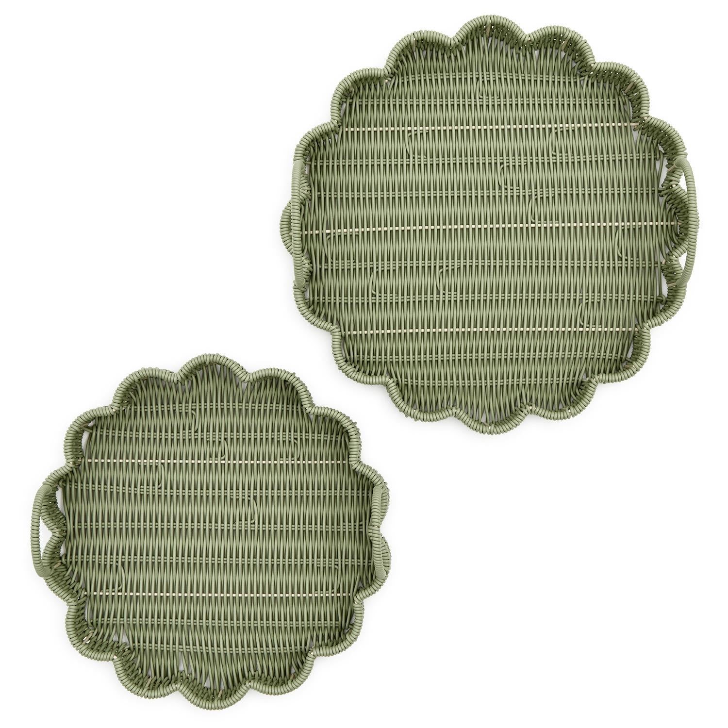 All Weather Wicker Scalloped Edge Round Serving Tray with Handles (Set of 2)
