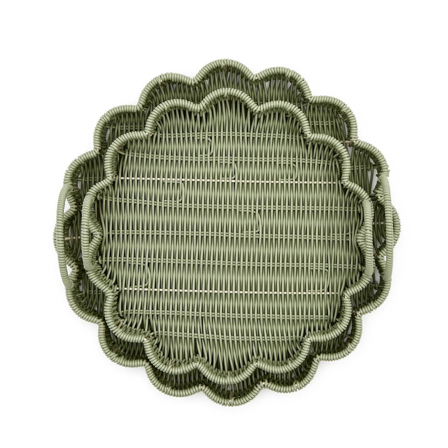 All Weather Wicker Scalloped Edge Round Serving Tray with Handles (Set of 2)