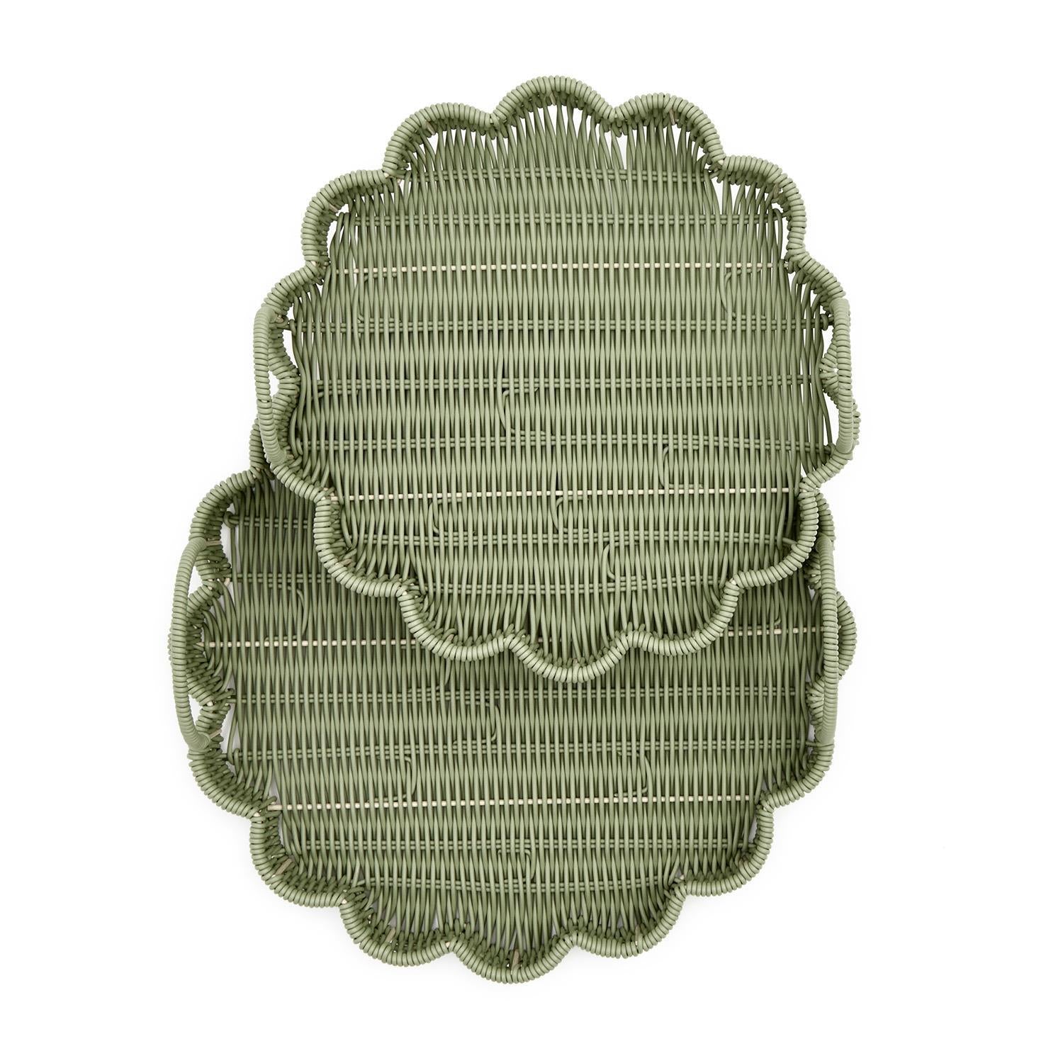All Weather Wicker Scalloped Edge Round Serving Tray with Handles (Set of 2)