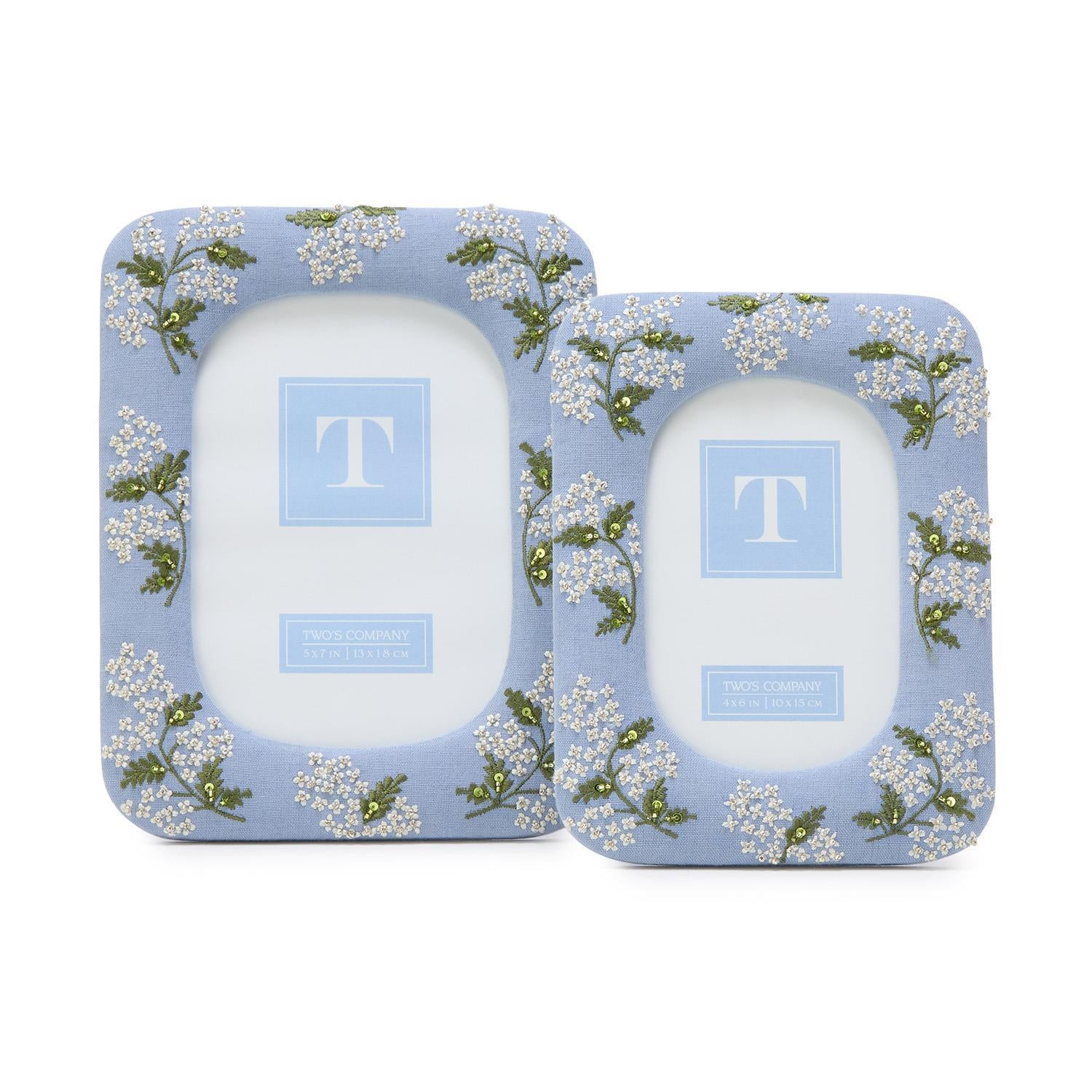 Hydrangea Embroidered and Embellished Linen Fabric Photo Frames (Set of 2)