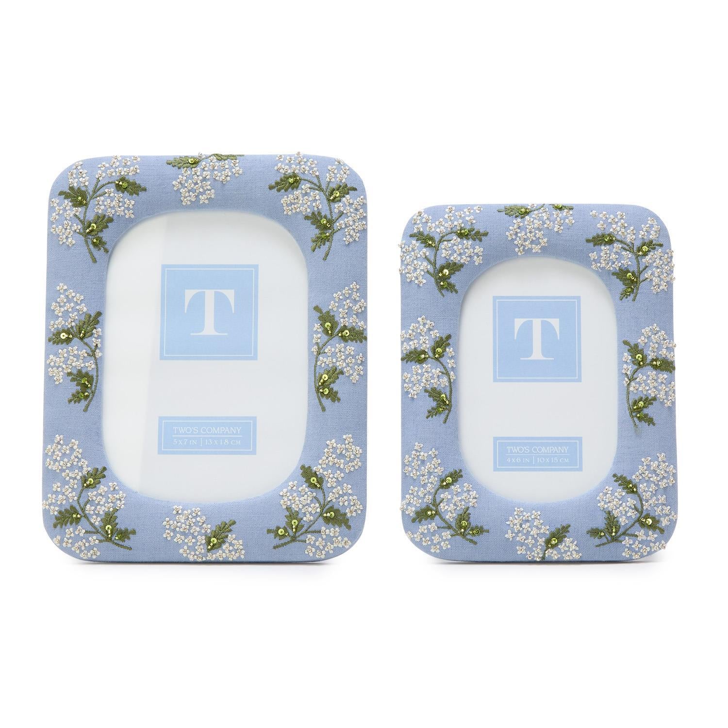 Hydrangea Embroidered and Embellished Linen Fabric Photo Frames (Set of 2)