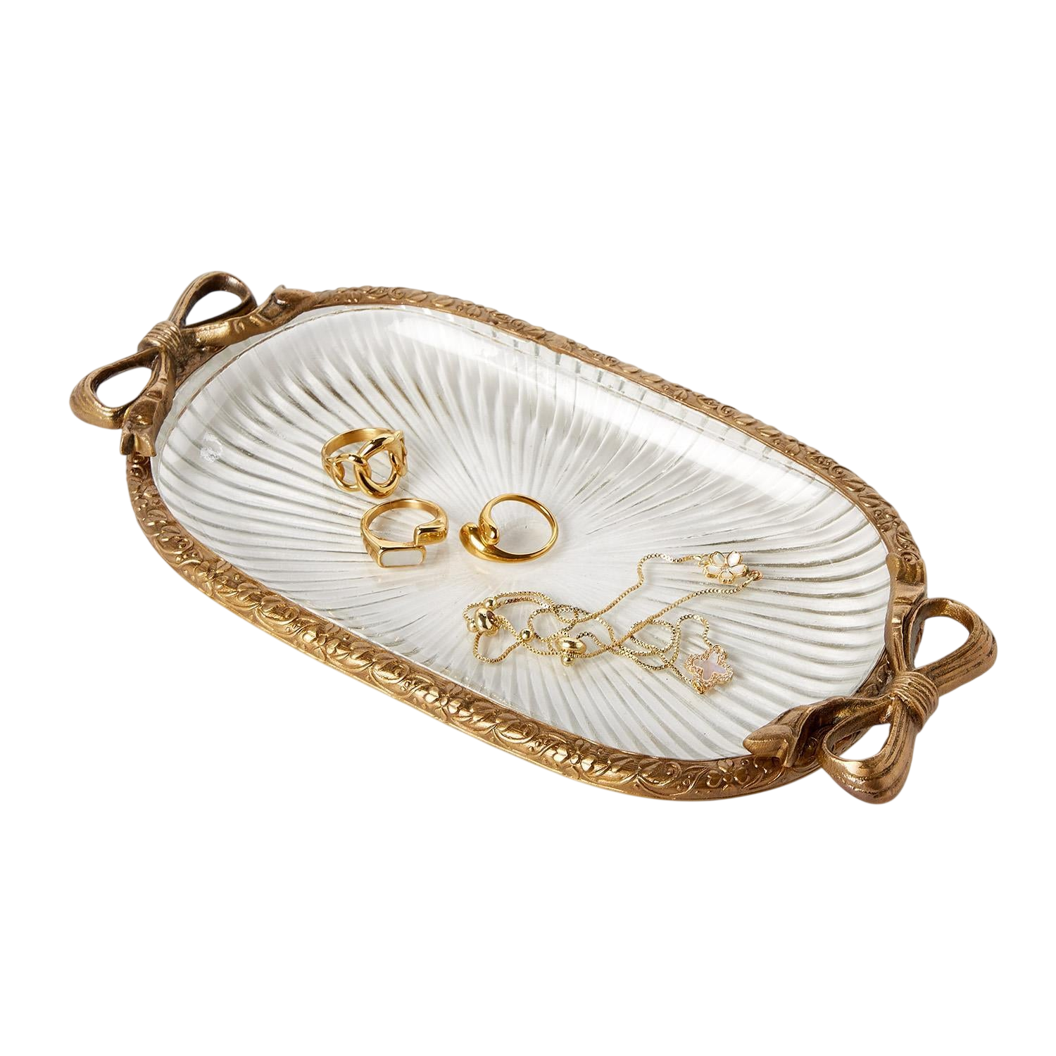 Antique Gold Finish Glass Tray with Bow Accent