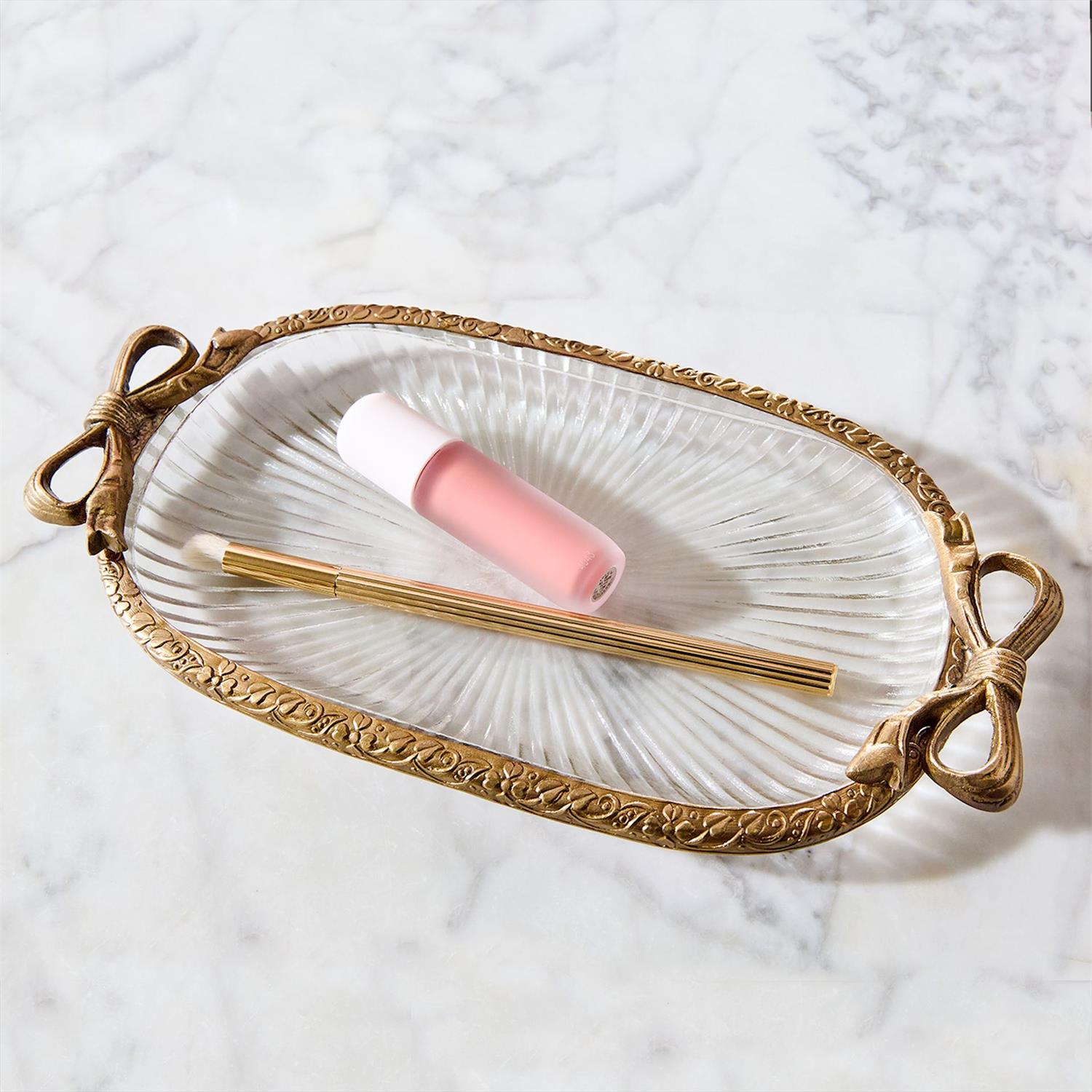 Antique Gold Finish Glass Tray with Bow Accent