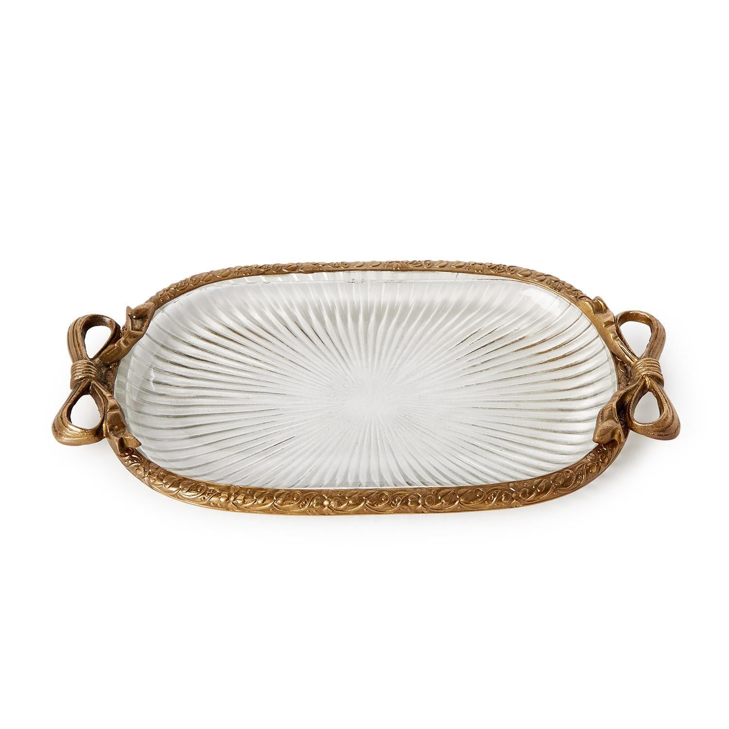 Antique Gold Finish Glass Tray with Bow Accent