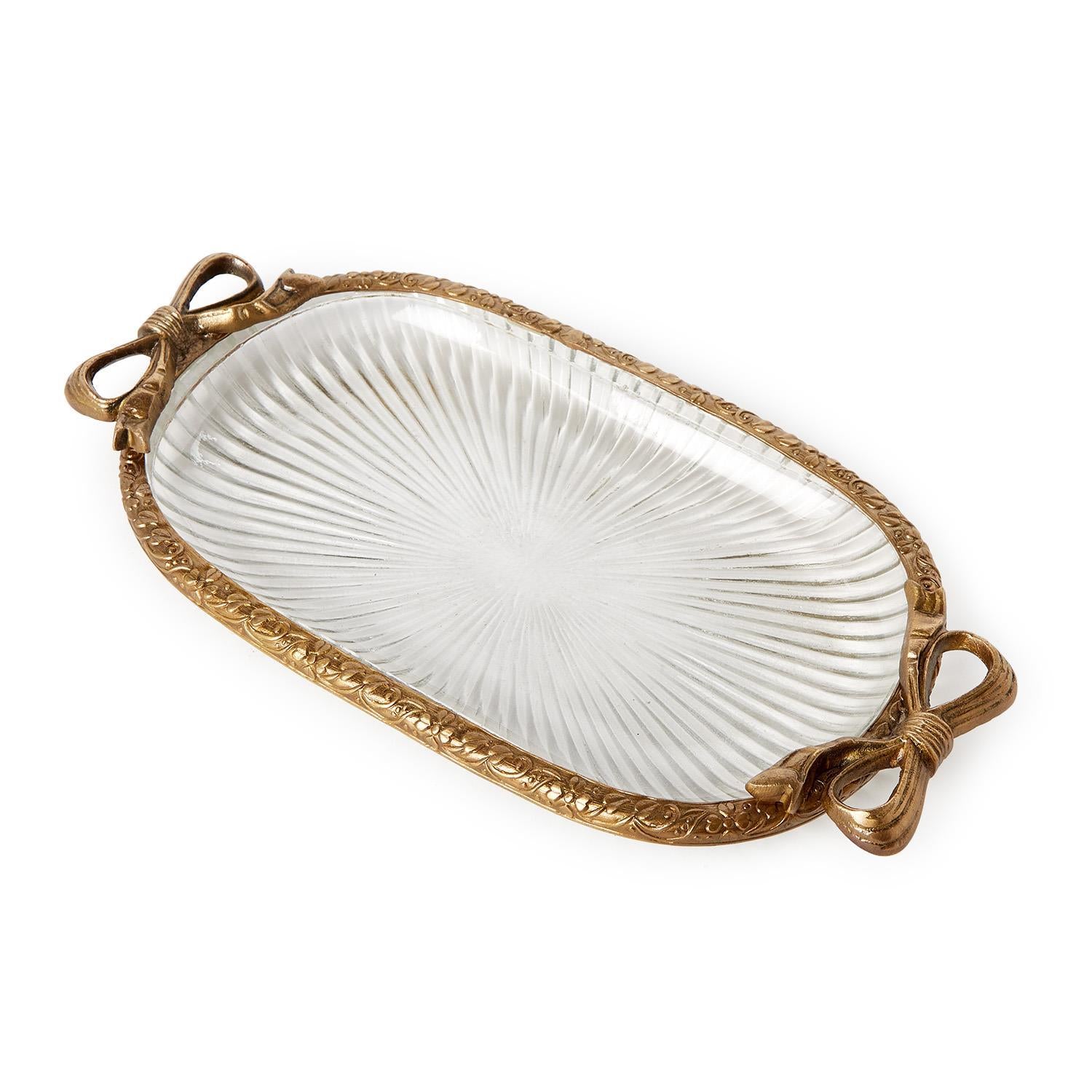 Antique Gold Finish Glass Tray with Bow Accent
