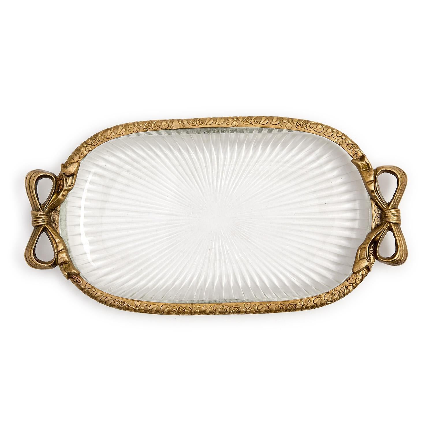 Antique Gold Finish Glass Tray with Bow Accent