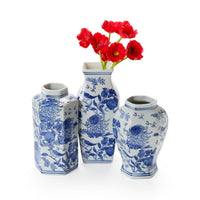 Chrysanthemum Hand-Painted Blue and White Vases (Set of 3)