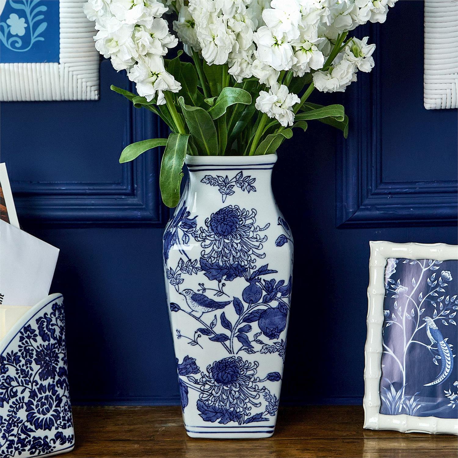 Chrysanthemum Hand-Painted Blue and White Vases (Set of 3)