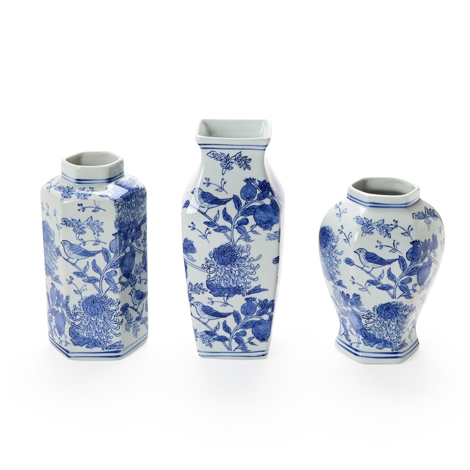 Chrysanthemum Hand-Painted Blue and White Vases (Set of 3)